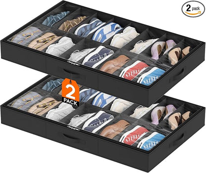 Lifewit Under Bed Shoe Storage Organizer 2 Pack(16 Shoes Cells), 4.3 Inches Profile Fabric Shoes Container Box with Clear Cover, Foldable Storage Bag with 2 Handles, Fits 16 to 32 Pairs