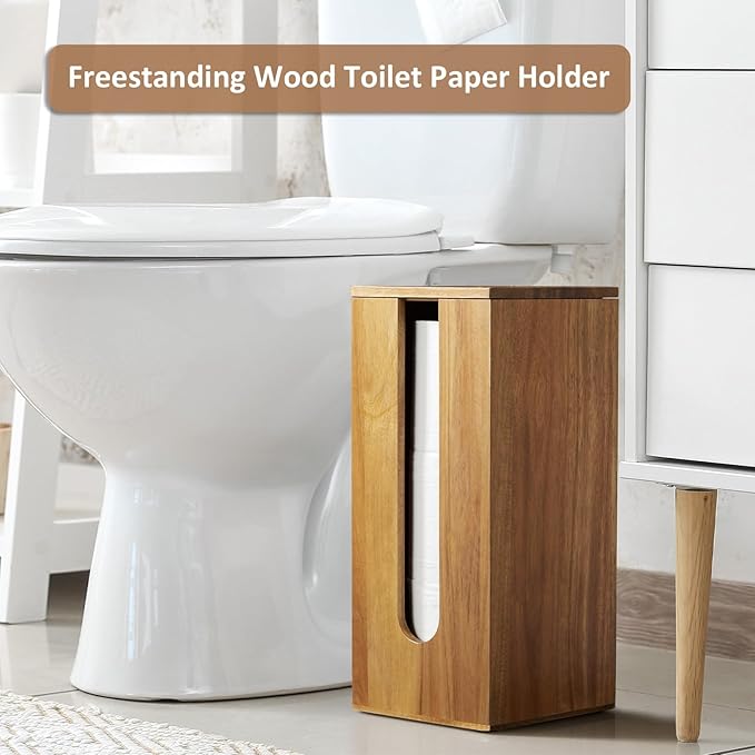 OUTNILI Freestanding Toilet Paper Holder Stand with Lid, Acacia Wood Bathroom Storage Organizer, Rustic Farmhouse Toilet Paper Holder for Floor, Holds 3 Extra Large Rolls