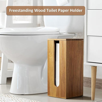 OUTNILI Freestanding Toilet Paper Holder Stand with Lid, Acacia Wood Bathroom Storage Organizer, Rustic Farmhouse Toilet Paper Holder for Floor, Holds 3 Extra Large Rolls