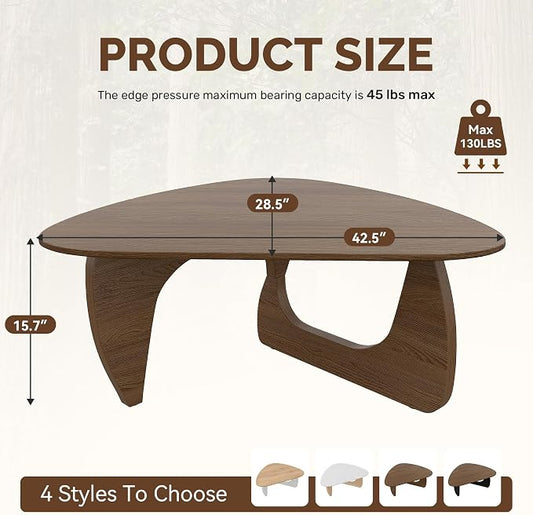 Modern Wood Coffee Table, Triangle Center Table with Premium Wooden Top& Unique Base, 42.5” Small Mid Century Tea Tables for Living Room, Apartment, Office,Walnut