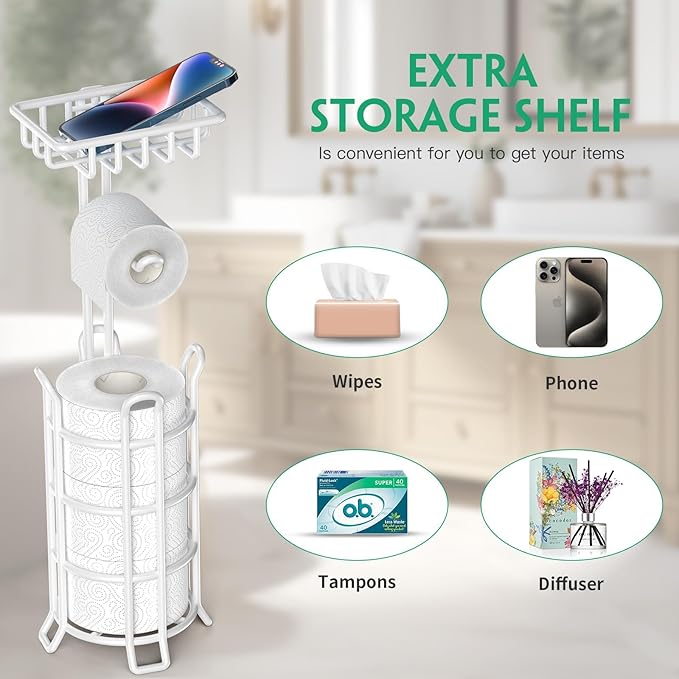 TomCare Toilet Paper Holder Stand with Shelf 4 Raised Feet Upgraded Free Standing Toilet Paper Roll Storage with Tissue Paper Dispenser Metal Bathroom Storage Organization (White)