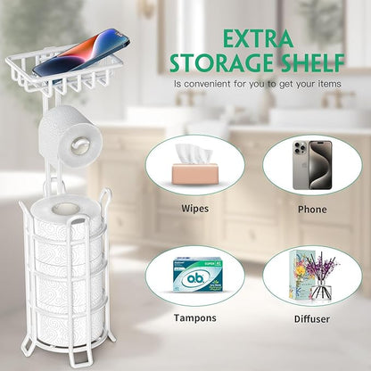 TomCare Toilet Paper Holder Stand with Shelf 4 Raised Feet Upgraded Free Standing Toilet Paper Roll Storage with Tissue Paper Dispenser Metal Bathroom Storage Organization (White)