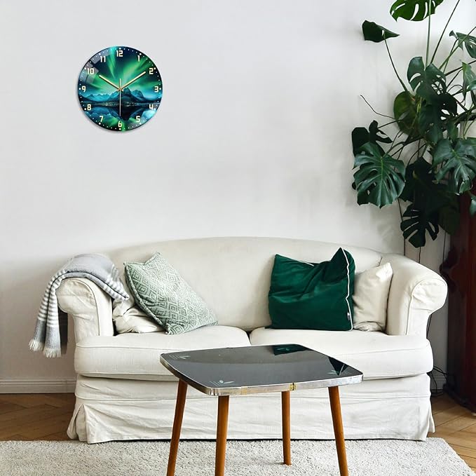 peacoblue Wall Clocks Battery Operated 12 Inch Aurora and Landscape Glass Round Wall Clock Non Ticking for Kitchen Living Room Dining Room Bedroom and Bathroom Decor (Battery not Included)