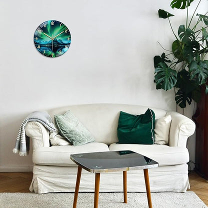 peacoblue Wall Clocks Battery Operated 12 Inch Aurora and Landscape Glass Round Wall Clock Non Ticking for Kitchen Living Room Dining Room Bedroom and Bathroom Decor (Battery not Included)