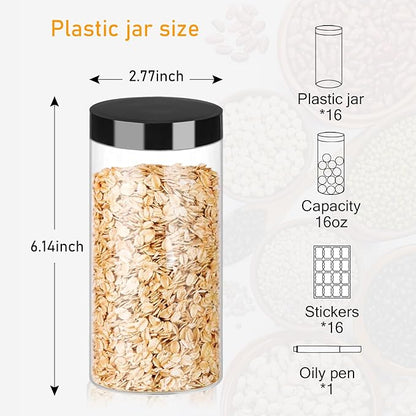 Hajoyful Plastic Jars with Lids 16OZ 16PCS Small Empty Slime Cosmetics Containers Clear Gift Food Jars Round PET Cream Jars with Black Lids Pen Labels for Kitchen Storage Spices Dry Food Butter