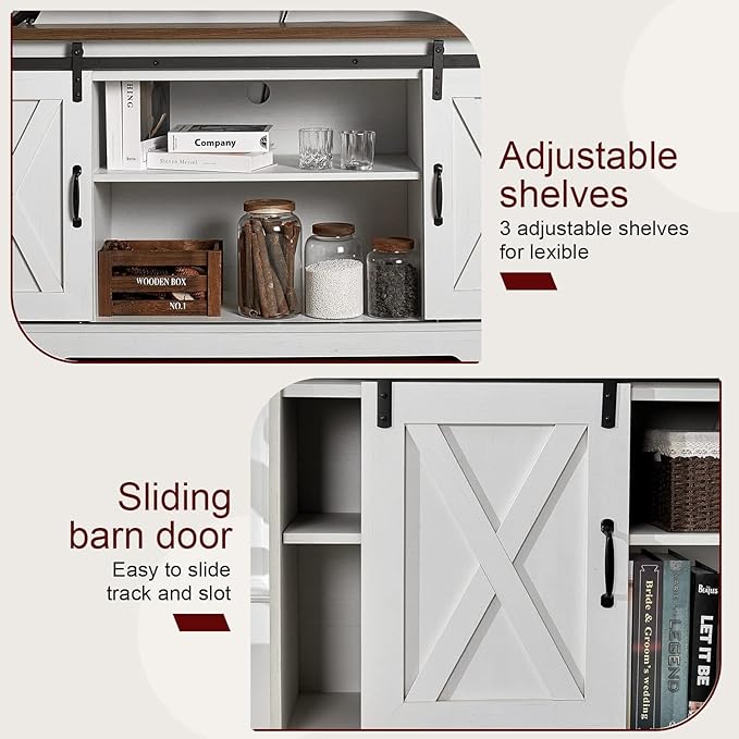 AMERLIFE 4-Piece Farmhouse Table Set Includes Sliding Barn Door TV Stand, Coffee Table& Two End Tables, Side Table with Charging Station and USB Ports for Living Room, Distressed White, 66"