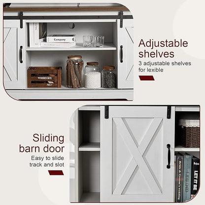 AMERLIFE 4-Piece Farmhouse Table Set Includes Sliding Barn Door TV Stand, Coffee Table& Two End Tables, Side Table with Charging Station and USB Ports for Living Room, Distressed White, 66"