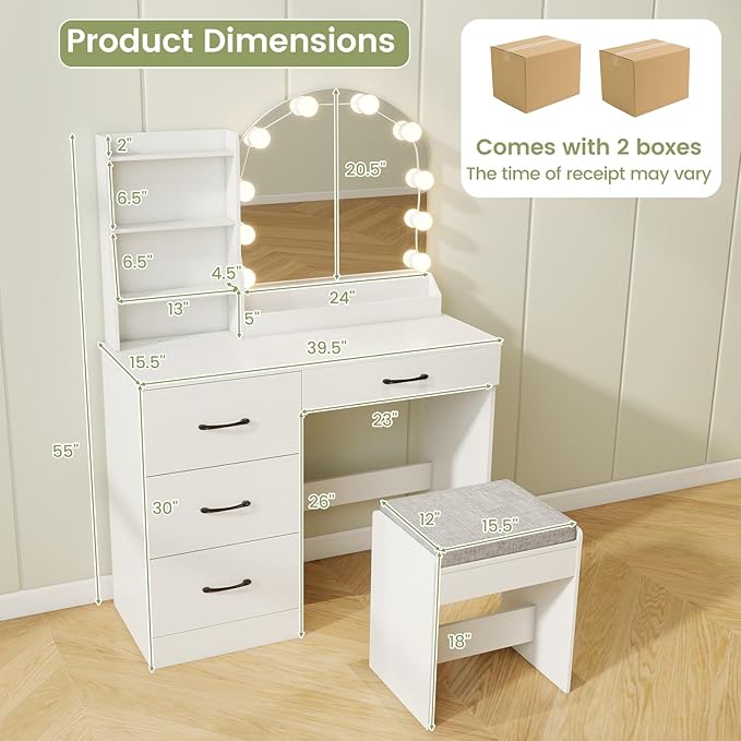 COSTWAY Vanity Desk with Mirror and Lights, Dressing Table with Charging Station, 3 Shelves, 1 Tabletop Storage Organizer, 4 Drawers and Stool, Bedroom Makeup Vanity Set for Girl, Teen, Women (White)