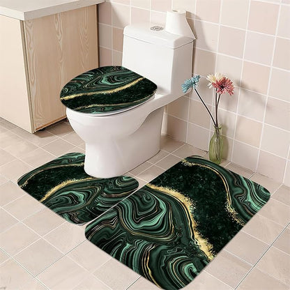 Nkzply 4 Pcs Green Marble Shower Curtain Sets with Rugs Gold Bathroom Sets with Shower Curtain and Rugs Modern Abstract Bathroom Decor Accessories Shower Curtains for Bathroom Toilet Lid Cover