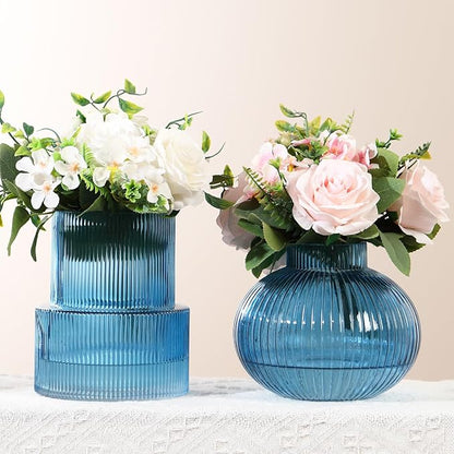 Ribbed Glass Vases, Set of 2 Fluted Vases for Flowers, Blue Glass Vase for Tulips, Modern Vase for Living Room, Kitchen, Office, Entryway, Mantle, Bookshelf, Wedding Gifts, Birthday