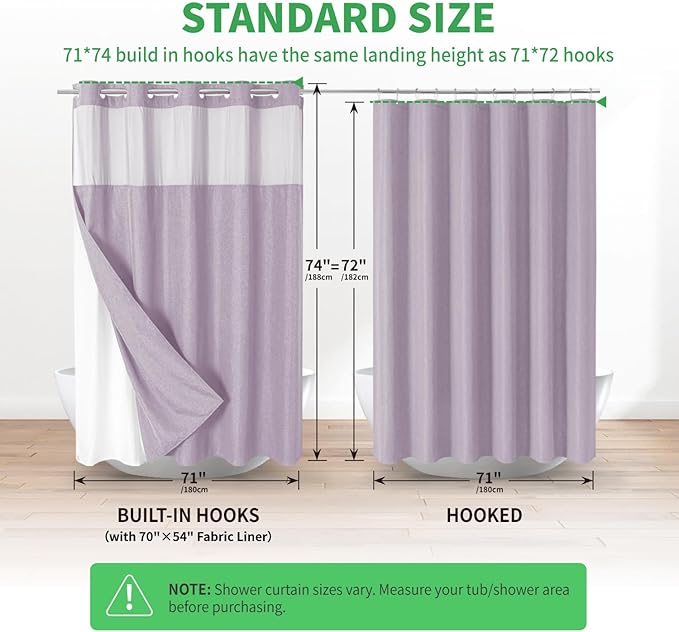 No Hooks Needed Linen Textured Shower Curtain with Snap-in Fabric Liner Set,Hotel Luxury Decor Shower Curtains for Bathroom with Mesh Top Window,Waterproof & Washable,71Wx74H,Lavender