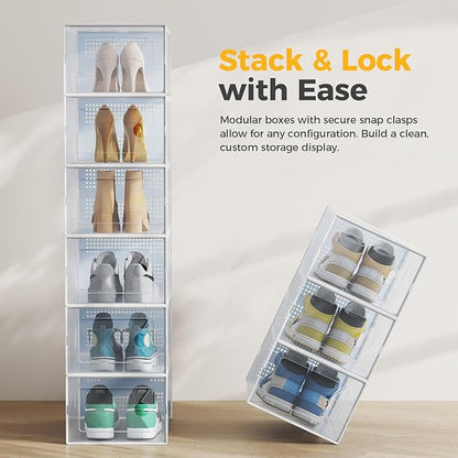 Sweetcrispy Shoe Storage Boxes, Clear Plastic Stackable Shoe Rack Organizer with Lids for Closet, Foldable Sneaker Container, Under Bed and Entryway, 15 Pack, Clear White