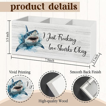 Shark Decor, Shark Bathroom Decor, Pen Pencil Holder Organizer for Desk Accessories, I Just Freaking Love Sharks Okay Wooden Box Sign Desk for Home Office Decoration
