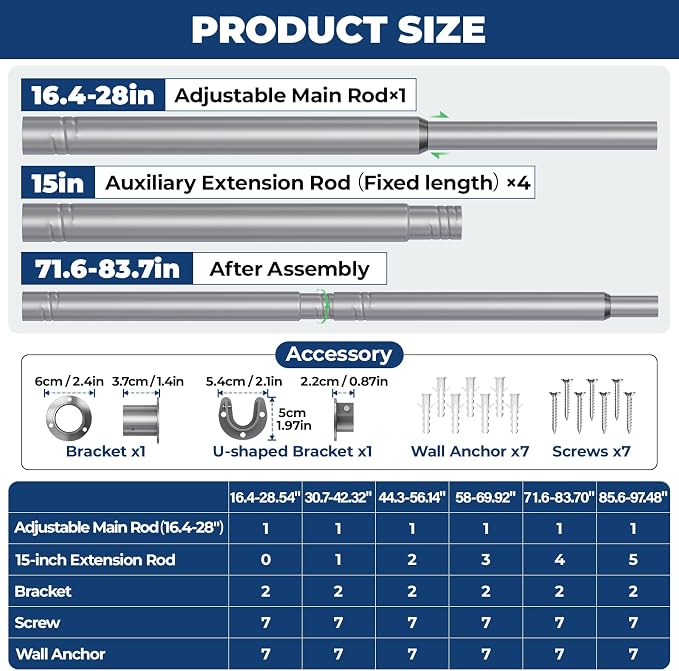 Mavivegue Closet Rod, 17 to 84 Inch Adjustable Closet Rods for Hanging Clothes, Silver Hanging Rod for Closet Wardrobes Laundry RV, Bathroom
