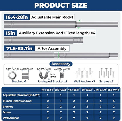Mavivegue Closet Rod, 17 to 84 Inch Adjustable Closet Rods for Hanging Clothes, Silver Hanging Rod for Closet Wardrobes Laundry RV, Bathroom