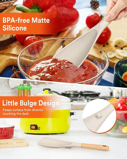 Cooking Spoon for Nonstick Cookwares, Great for Cooking and Serving Sturdy BPA-Free Matte Silicone, Wood Handle Spoon for Mixing, Scoop, and Scrape (KHAKI, 11.4 inch)