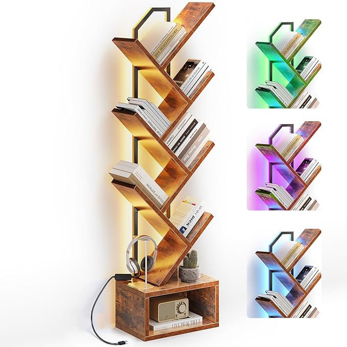 Casaottima Tree Bookshelf with LED Lights, 6-Tier Narrow Bookcase for Small Spaces, Tall Steel & Wood Storage Shelf with Cabinet, Home Decor & Organizer for Living Room/Bedroom/Home Office, Vintage