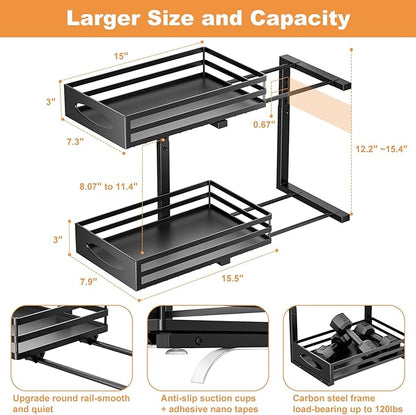 Under Sink Organizer, 2 Tier Under Sink Organizers and Storage, Adjustable Height, Slide out Metal Cabinet Organizers, Pull out Cabinet Storage Drawer Shelf for Kitchen Bathroom Black 2Pack