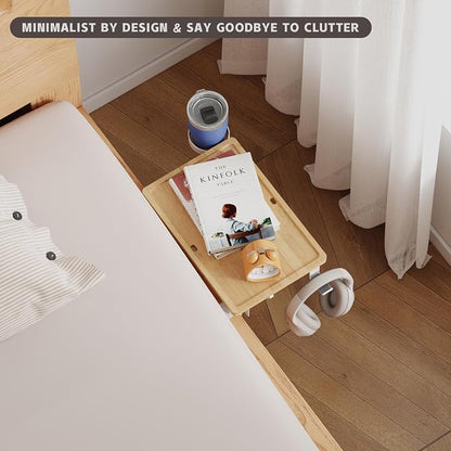 Magheo Bedside Shelf Wood, Foldable Clip-On Bed Shelf for Top Bunk Space Saving Bed Side Table Tray for College Dorm Room Essentials,Loft Nightstand Organizer Tray with Rotatable Cup Holder, Hooks