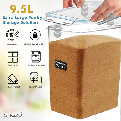 Shazo 2 PC (9.5L | 321 Oz) Extra Large Bulk Food Storage Containers with Airtight Lids for Flour, Sugar, Rice, Cereal & Pasta - Leakproof, BPA-Free Plastic Canisters for Kitchen & Pantry Organization