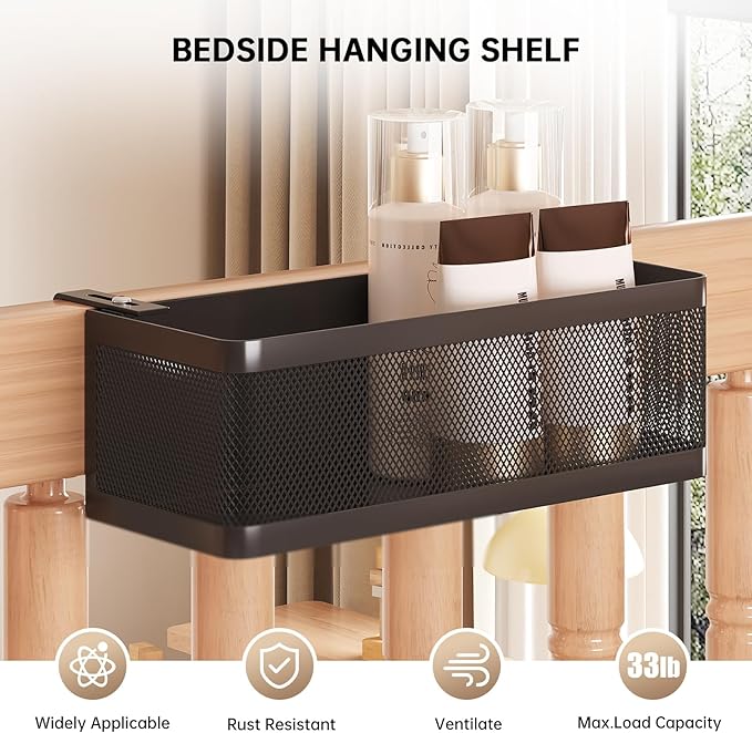 Bedside Caddy Shelf for Bunk Bed, Office Cubicle Walls, Crib Rails, Dorm Bed College Dorm Room Essentials Bed Shelf for Cell Phone Headphone Magazine Snacks (Black, L11in*W4.9in*H3.93in)