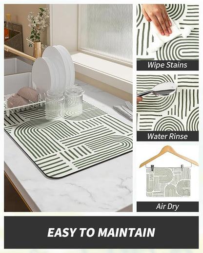 AMOAMI Coffee Mat Hide Stain Rubber Backed Absorbent Dish Drying Mat for Kitchen Counter - Fits Under Coffee Maker or Machine - Green Line 16x24