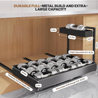 1-Pack L-Shape Expandable Under Sink Organizer with 3 Ball-Bearing Slide Rails,2-Tier Pull-Out Under Cabinet Storage Shelf for Kitchen & Bathroom,Height-Adjustable Slide-Out Cabinet Drawer-Black