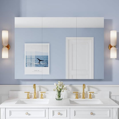 WELLFOR 52" x 36" Bathroom Medicine Cabinet with Mirror, Anodized Chrome Aluminum Frame, Surface Mount or Recessed Medicine Cabinet with Mirror, Bathroom Mirror with Storage, Three Doors