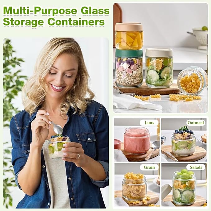 Qipecedm 8 Pack Overnight Oats Containers with Lids, Large & Small Glass Mason Jars 16oz & 10 oz, Breakfast Oatmeal Container to Go, Salad Meal Prep Jars for Food Storage, Mush Chia Seed Pudding Jars