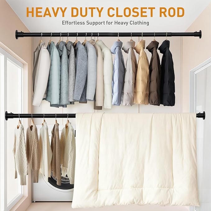 Black Adjustable Closet Rod 18-77 Inches, Heavy Duty Metal Clothes Hanging Rod, Rust-Proof Non-Slip Wardrobe Bar for Closet, Laundry Room, RV