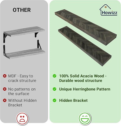 Howizz 48" Rustic Farmhouse Floating Shelves – Set of 2 Acacia Wood Shelves for Stylish Wall Decor in Kitchen, Bathroom, Unique Chevron Pattern, Mocha Color, 48x8x1.5 Inches - Set of 2 - DIY