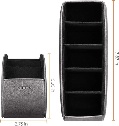 SITHON Remote Control Holder with 5 Compartments - PU Leather Remote Caddy Desktop Organizer Store TV, DVD, Blu-Ray, Media Player, Heater Controllers, Dark Gray