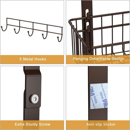 ETELI Over the Door Basket Organizer 3 Tier Hanging Basket Door Shelf Rack Heavy Duty Over Door Pantry Organizer with 3 Metal Baskets for Kitchen Bathroom Bedroom Living Room, Dark Brown