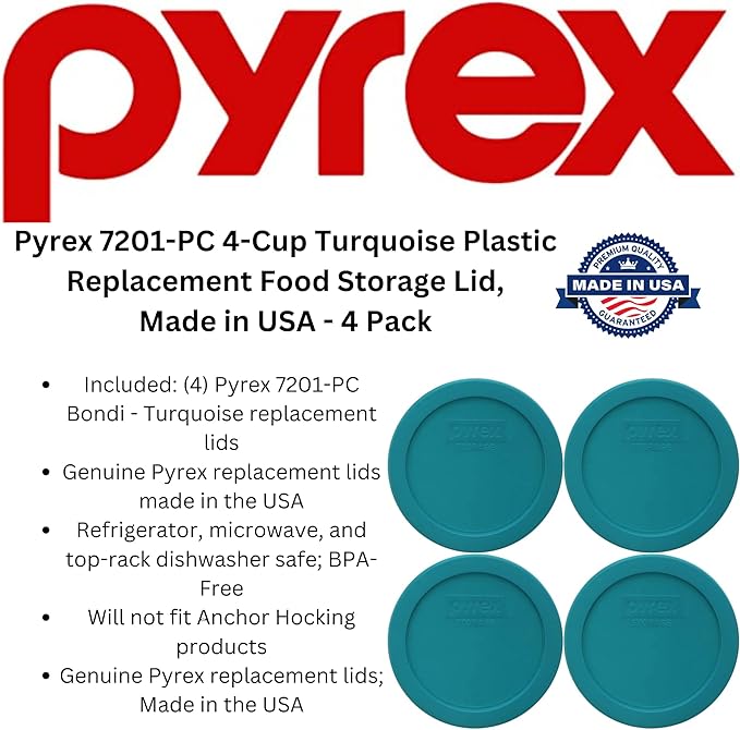 Pyrex 7201-PC 4 Cup Turquoise Food Storage Replacement Lid (4-Pack) - Made in USA