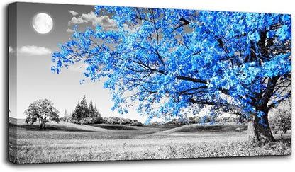 wall art for living room Simple Life Blue moon tree landscape Abstract painting office Wall Decor 24" x 48" single Pieces Canvas Prints Ready to Hang for Home Decoration Black and white Works of art