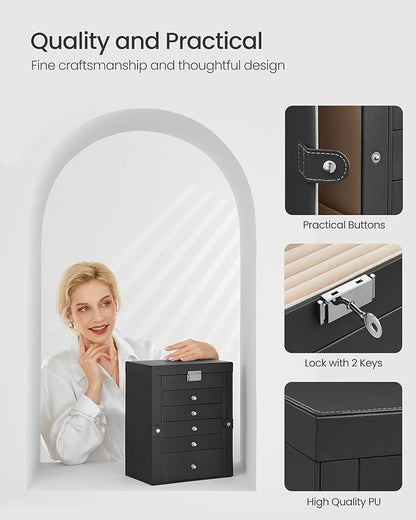 SONGMICS 6 Tier Jewelry Box, Jewelry Storage Organizer with 5 Drawers, Large Storage Capacity, with Mirror, Lockable, Jewelry Case, Gift for Loved Ones, For Watches, Black UJBC152B01