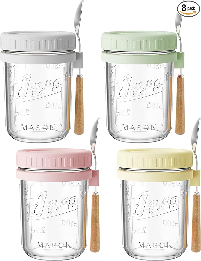 HomArtist 16oz Overnight Oats Containers with Lids and Spoons, 4 Pack Wide Mouth Mason Jars with Airtight Lids, Overnight Oats Jars for Salad, Chia Seed, Cereal, Yogurt