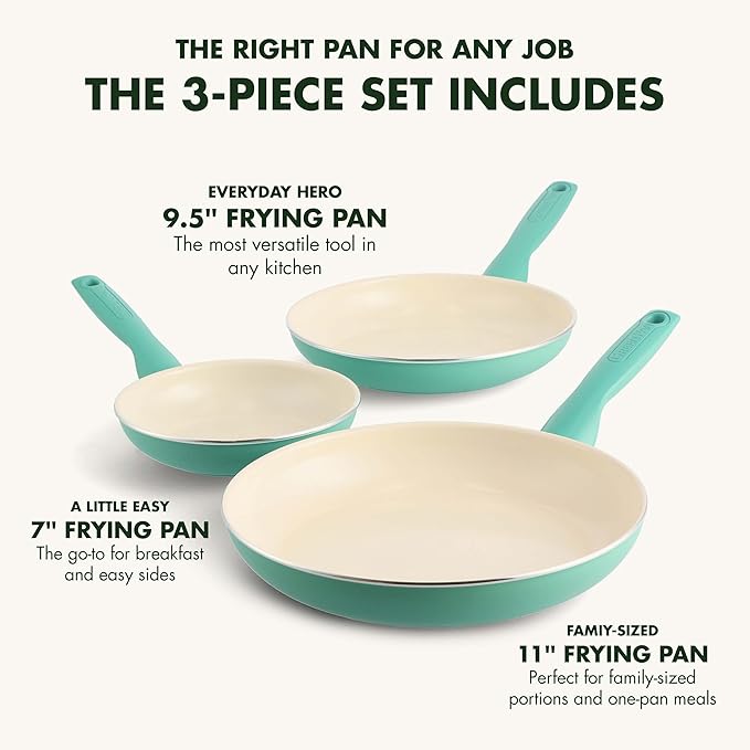 GreenPan Rio Healthy Ceramic Nonstick 7" 9.5" and 11" Frying Pan Skillet Set, PFAS-Free, Dishwasher Safe, Turquoise
