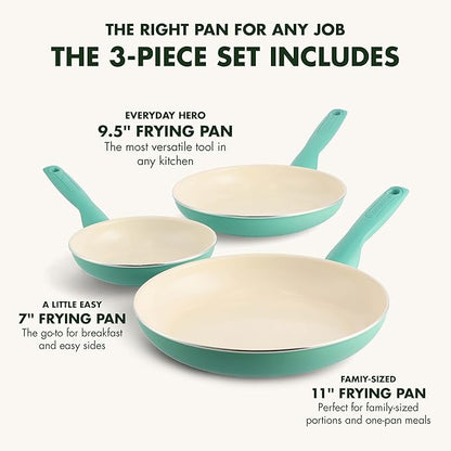 GreenPan Rio Healthy Ceramic Nonstick 7" 9.5" and 11" Frying Pan Skillet Set, PFAS-Free, Dishwasher Safe, Turquoise