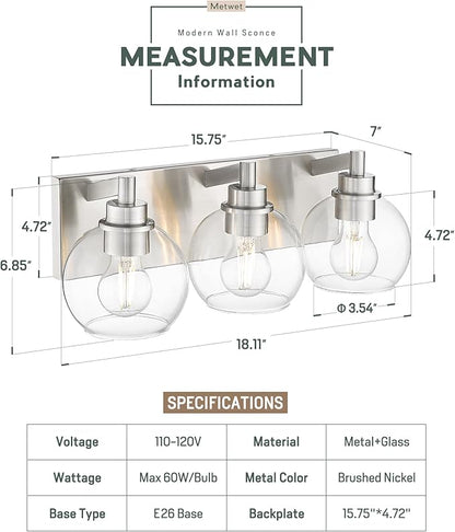 Bathroom Light Fixtures, 3-Light Brushed Nickel Vanity Light, Modern Wall Sconces with Globe Clear Glass Shade, Vanity Lighting Fixtures Over Mirror, VL195-BN-CL-3