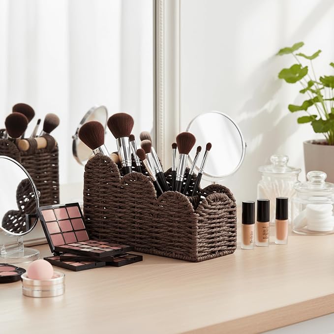 CubesLand Bedside Table Desk Organizer Caddy, Remote Pen&Pencil Holder Cup, Makeup Brush Holder w/Scalloped Perfect for Home, Office Desk, Living Room Table Decor, 3 Slots Brown