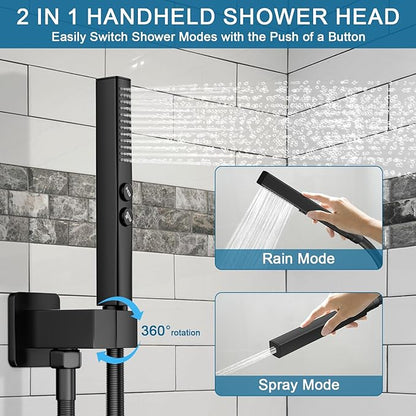 Shower Faucet Set Black Shower System, Ceiling Mount 10 Inch Shower Head With Wall Mount 6 Inch Shower Head and 2 in 1 Handheld Spray, Push Button Diverter Shower Valve Trim Kit Complete