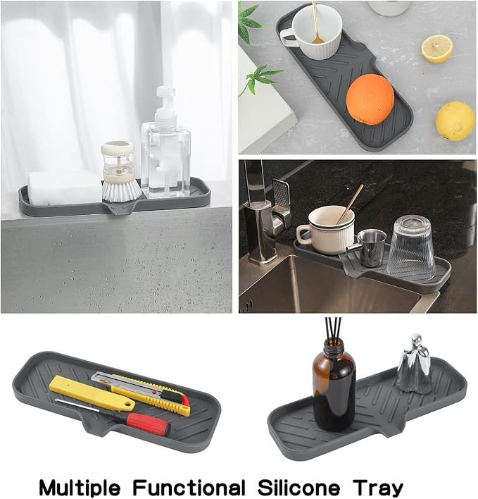 MicoYang Silicone Soap Dish with Drain Spout — Self-Draining Double Sink Organizer Tray for Kitchen & Bathroom, Dispensers, Sponges & Soap Holder, Non-Slip & Dishwasher Safe, Grey (Large, 12"×4")
