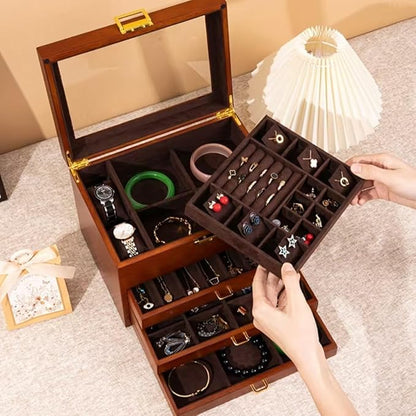 Bescott 5 Layer Solid Wooden Jewelry Box with Lock and Key for Women Men Vintage Velvet Wood Jewelry Organizer Storage for Earrings Rings Necklaces Bracelet Watch Mother’s Day Gift