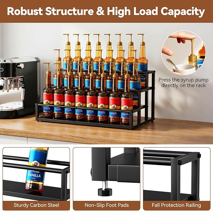 Nuovoware Expandable Coffee Syrup Organizer, 3-Tier Syrup Rack Holds 15-24 Bottles, Adjustable Width Carbon Steel Coffee Bar Organizer for Countertop Kitchen Bar, Liquor Dressing Seasoning, Black