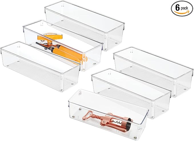 iDesign Plastic Drawer Organizer Bins, Set of 6, Clear | Storage for Kitchen, Storage for Bathroom, Storage for Desk Drawers