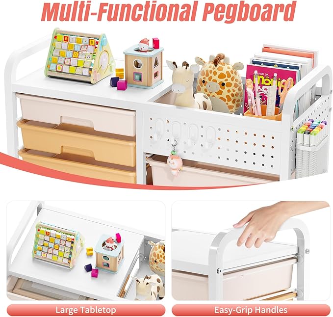 Rolling Storage Cart with 14 Drawers, Storage Organizer Cart with Tabletop and Pegboard,Utility Cart for Living Room, Classroom, Bedroom,Bathroom,Dorm,Office (Rainbow)