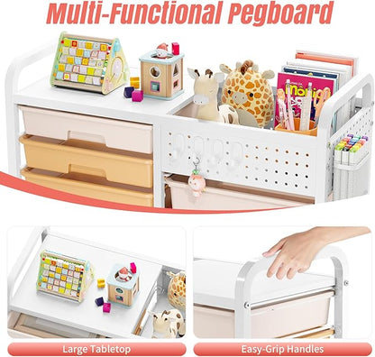 Rolling Storage Cart with 14 Drawers, Storage Organizer Cart with Tabletop and Pegboard,Utility Cart for Living Room, Classroom, Bedroom,Bathroom,Dorm,Office (Rainbow)