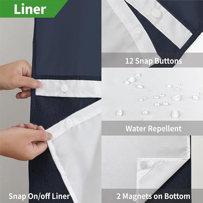 Extra Long No Hooks Needed Linen Textured Shower Curtain with Snap-in Fabric Liner Set,White Hotel Luxury Decor Shower Curtains for Bathroom,Waterproof & Washable,71Wx86H,Navy Blue