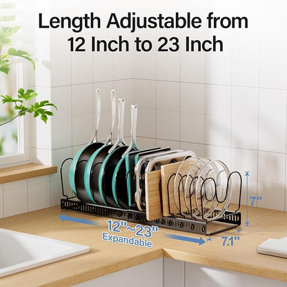 ORDORA Pots and Pans Organizer under Cabinet with Pot Lid Organizer, Expandable Rack for Pan and Pot Organizers Inside Cabinet, 11.8"-22.8" Adjustable with 14 Dividers for Kitchen Organization, Black